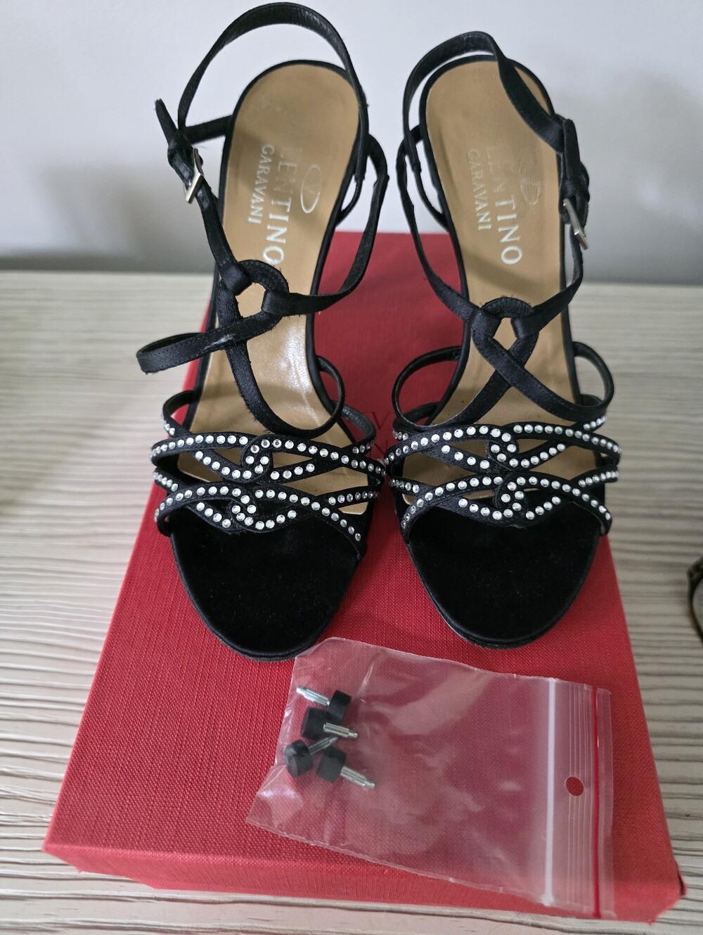 Valentino Garavani Black Satin Crystal-Strap Slingback Heels Sz 37